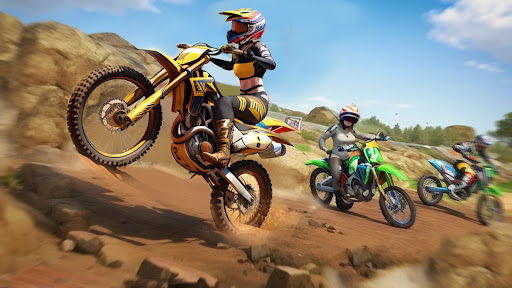 A thrilling motorcycle race with vibrant graphics and intense action, capturing the excitement and adrenaline of high-speed racing on a mobile platform.