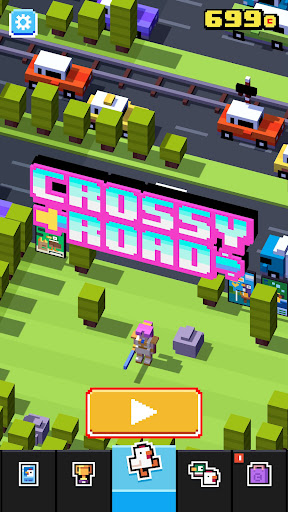 A vibrant, pixelated chicken bravely crossing a bustling road, symbolizing the exciting and adventurous spirit of the Crossy Road game.