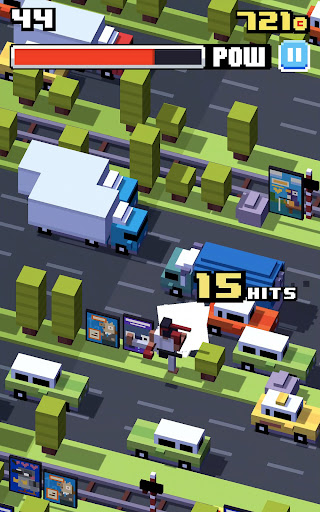 A vibrant, pixelated chicken bravely crossing a bustling road, symbolizing the exciting and adventurous spirit of the Crossy Road game.