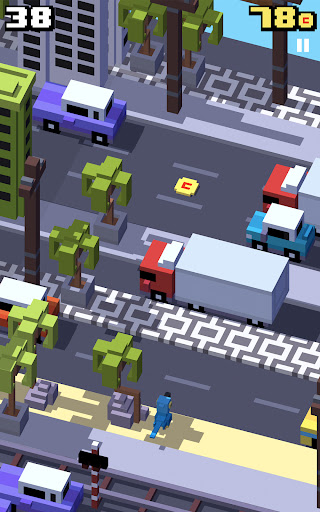 A vibrant, pixelated chicken bravely crossing a bustling road, symbolizing the exciting and adventurous spirit of the Crossy Road game.