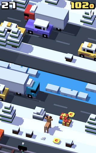 A vibrant, pixelated chicken bravely crossing a bustling road, symbolizing the exciting and adventurous spirit of the Crossy Road game.