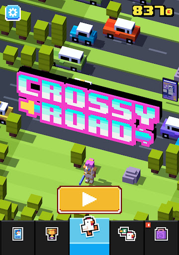 A vibrant, pixelated chicken bravely crossing a bustling road, symbolizing the exciting and adventurous spirit of the Crossy Road game.