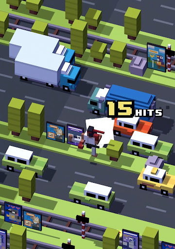 A vibrant, pixelated chicken bravely crossing a bustling road, symbolizing the exciting and adventurous spirit of the Crossy Road game.