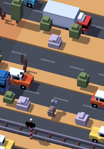 A vibrant, pixelated chicken bravely crossing a bustling road, symbolizing the exciting and adventurous spirit of the Crossy Road game.