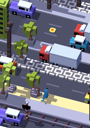 A vibrant, pixelated chicken bravely crossing a bustling road, symbolizing the exciting and adventurous spirit of the Crossy Road game.