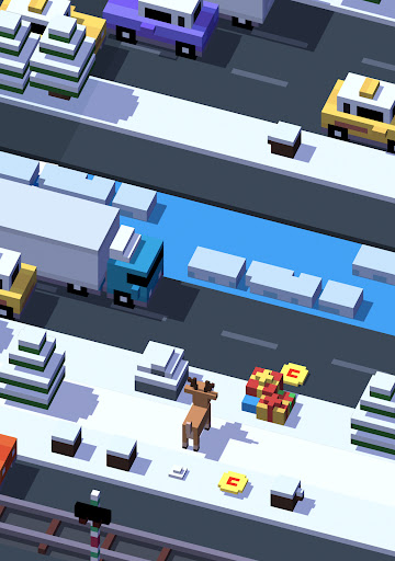 A vibrant, pixelated chicken bravely crossing a bustling road, symbolizing the exciting and adventurous spirit of the Crossy Road game.