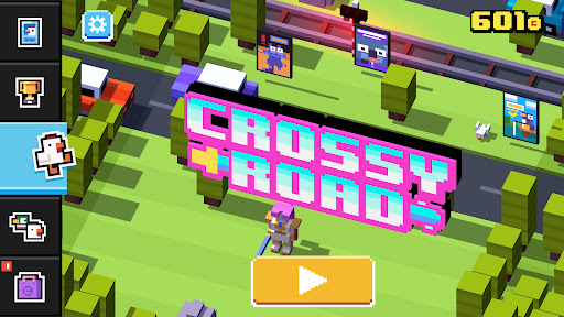 A vibrant, pixelated chicken bravely crossing a bustling road, symbolizing the exciting and adventurous spirit of the Crossy Road game.