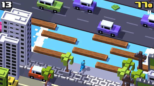 A vibrant, pixelated chicken bravely crossing a bustling road, symbolizing the exciting and adventurous spirit of the Crossy Road game.