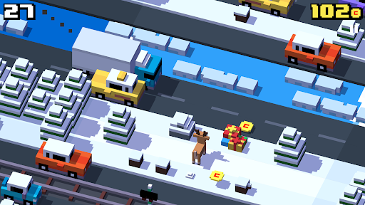 A vibrant, pixelated chicken bravely crossing a bustling road, symbolizing the exciting and adventurous spirit of the Crossy Road game.