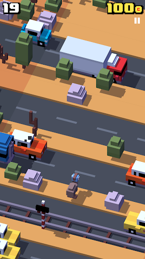 A vibrant, pixelated chicken bravely crossing a bustling road, symbolizing the exciting and adventurous spirit of the Crossy Road game.