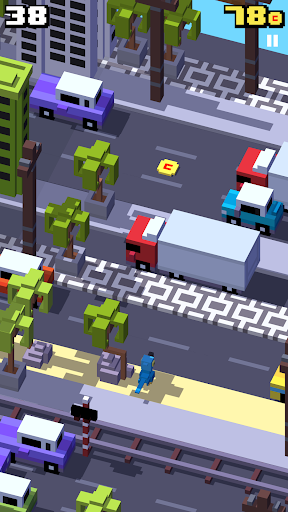 A vibrant, pixelated chicken bravely crossing a bustling road, symbolizing the exciting and adventurous spirit of the Crossy Road game.