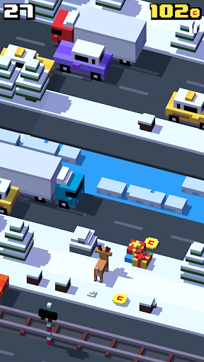 A vibrant, pixelated chicken bravely crossing a bustling road, symbolizing the exciting and adventurous spirit of the Crossy Road game.