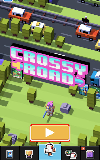 A vibrant, pixelated chicken bravely crossing a bustling road, symbolizing the exciting and adventurous spirit of the Crossy Road game.