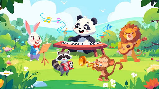 A colorful and engaging digital piano app interface designed to captivate children and music enthusiasts alike, evoking a sense of fun and discovery.