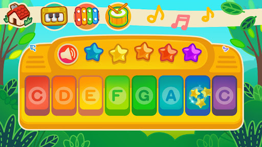 A colorful and engaging digital piano app interface designed to captivate children and music enthusiasts alike, evoking a sense of fun and discovery.