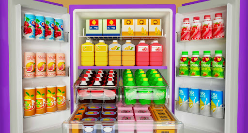 An inviting, colorful depiction of a perfectly organized fridge filled with various groceries, evoking a sense of satisfaction and order.