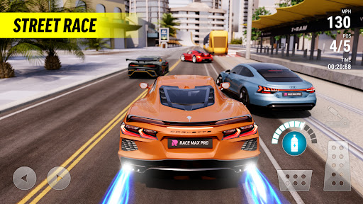 A thrilling race car speeding down a vibrant track, capturing the excitement and adrenaline of Race Max Pro.