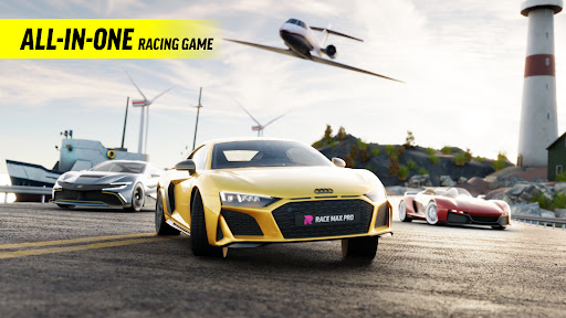 A thrilling race car speeding down a vibrant track, capturing the excitement and adrenaline of Race Max Pro.