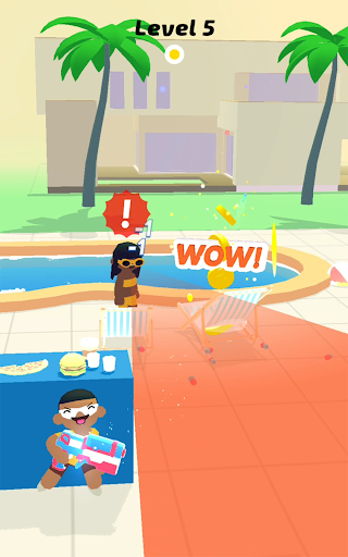 A playful scene of cartoon characters sneaking and giggling in an animated world, armed with colorful NERF blasters, ready for a fun prank.