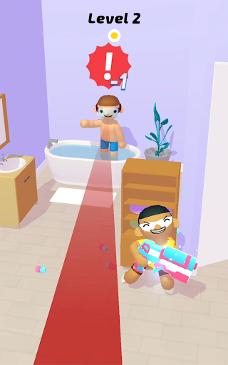 A playful scene of cartoon characters sneaking and giggling in an animated world, armed with colorful NERF blasters, ready for a fun prank.