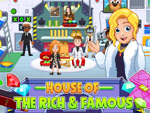 A vibrant and colorful depiction of a luxurious mansion filled with playful characters, symbolizing joy, creativity, and exploration in a safe environment for kids.