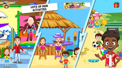 A family enjoying a vibrant, sunny beach day full of fun and adventure, embodying the spirit of My Town Beach game app.