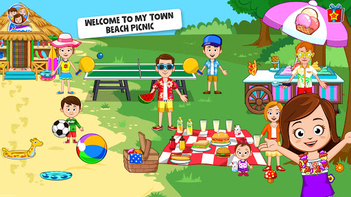 A family enjoying a vibrant, sunny beach day full of fun and adventure, embodying the spirit of My Town Beach game app.