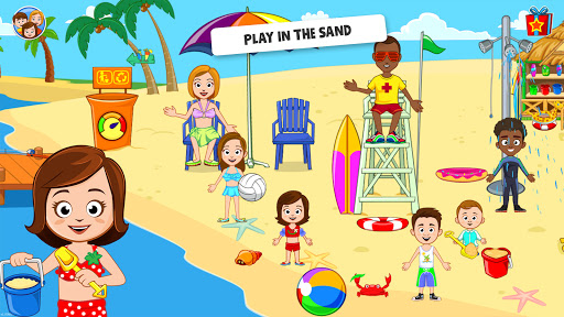 A family enjoying a vibrant, sunny beach day full of fun and adventure, embodying the spirit of My Town Beach game app.