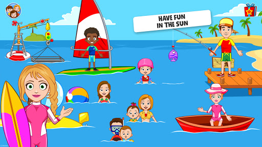 A family enjoying a vibrant, sunny beach day full of fun and adventure, embodying the spirit of My Town Beach game app.