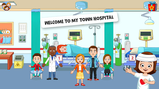 A vibrant and engaging hospital scene from My Town Hospital app, illustrating children actively engaging in medical role-play, symbolizing fun and educational exploration.