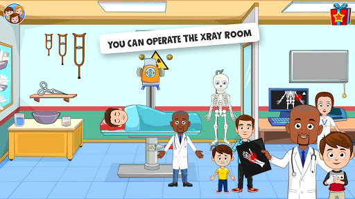 A vibrant and engaging hospital scene from My Town Hospital app, illustrating children actively engaging in medical role-play, symbolizing fun and educational exploration.