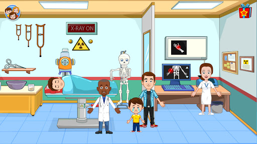 A vibrant and engaging hospital scene from My Town Hospital app, illustrating children actively engaging in medical role-play, symbolizing fun and educational exploration.