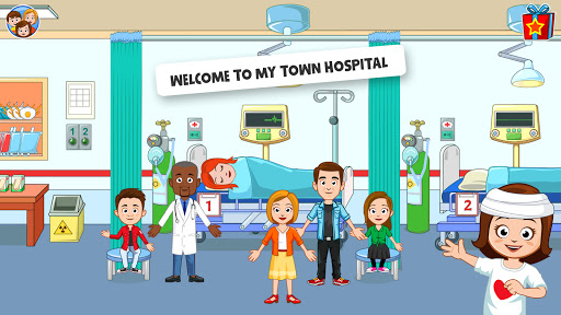 A vibrant and engaging hospital scene from My Town Hospital app, illustrating children actively engaging in medical role-play, symbolizing fun and educational exploration.