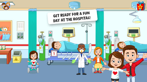 A vibrant and engaging hospital scene from My Town Hospital app, illustrating children actively engaging in medical role-play, symbolizing fun and educational exploration.