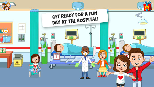 A vibrant and engaging hospital scene from My Town Hospital app, illustrating children actively engaging in medical role-play, symbolizing fun and educational exploration.