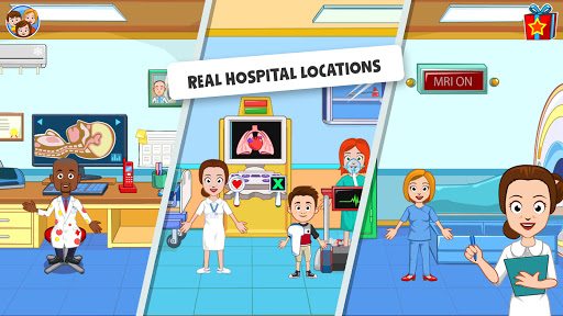 A vibrant and engaging hospital scene from My Town Hospital app, illustrating children actively engaging in medical role-play, symbolizing fun and educational exploration.