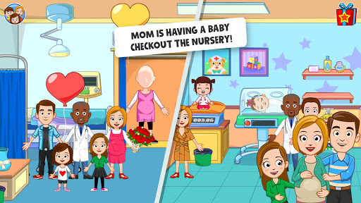 A vibrant and engaging hospital scene from My Town Hospital app, illustrating children actively engaging in medical role-play, symbolizing fun and educational exploration.