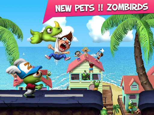 A thrilling and adventurous scene of a pack of zombies rampaging through a vibrant, cartoonish cityscape, embodying chaos and fun.