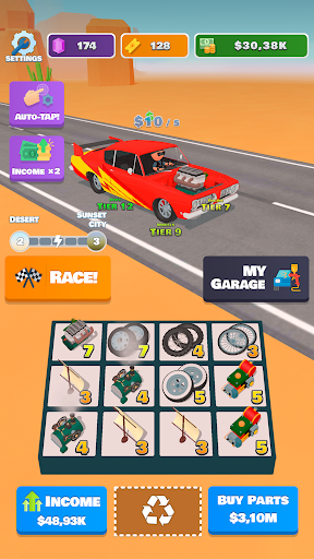 An exhilarating race track scene from Idle Merge Racing Game, showcasing vibrant cars in a high-speed race, capturing the thrill and excitement of the game.