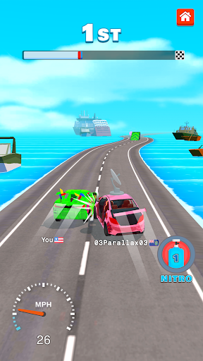 An exhilarating race track scene from Idle Merge Racing Game, showcasing vibrant cars in a high-speed race, capturing the thrill and excitement of the game.