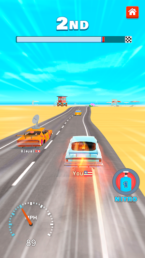 An exhilarating race track scene from Idle Merge Racing Game, showcasing vibrant cars in a high-speed race, capturing the thrill and excitement of the game.