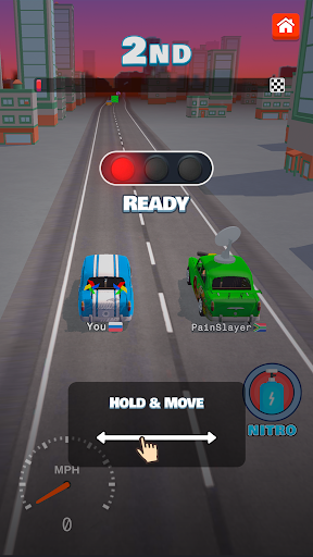 An exhilarating race track scene from Idle Merge Racing Game, showcasing vibrant cars in a high-speed race, capturing the thrill and excitement of the game.