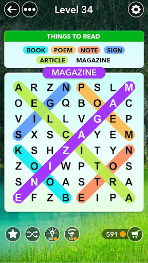 A serene and engaging scene where individuals of all ages are joyfully absorbed in a word search game, depicting a blend of tranquility and mental stimulation.