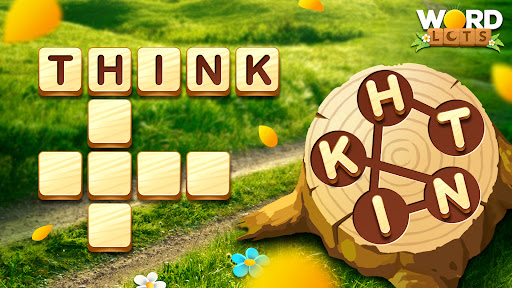 A serene landscape with a crossword puzzle grid, symbolizing the calming yet challenging nature of Wordscapes.